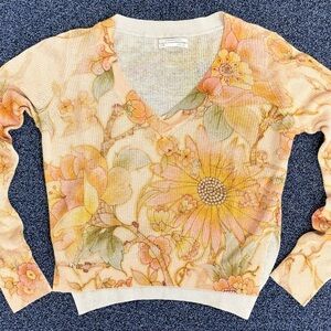 Anthropologie Floral V-Neck Sweater - Cream and Orange